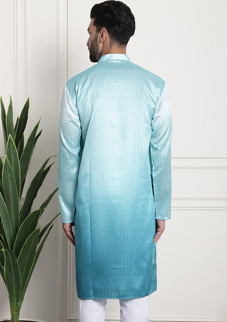 Sea Green Ethnic Motifs Cotton Kurta For Men