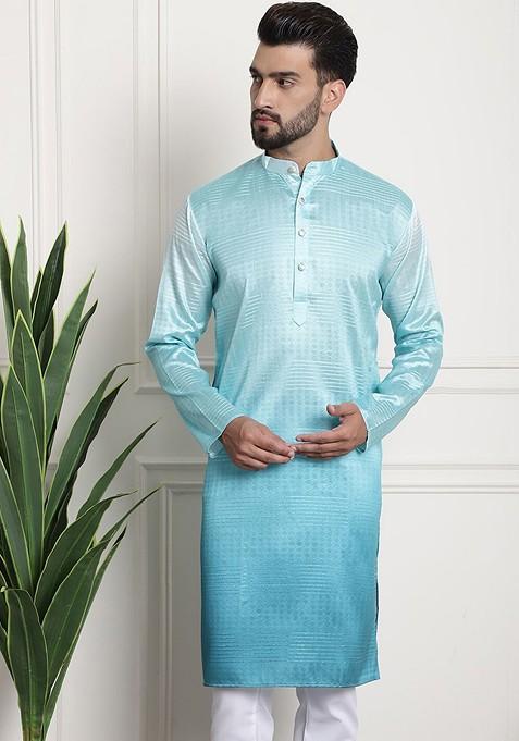 Sea Green Ethnic Motifs Cotton Kurta For Men
