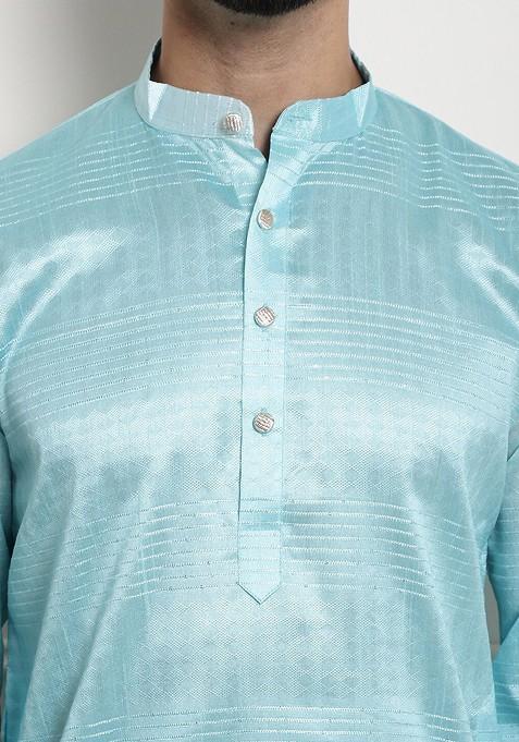 Sea Green Ethnic Motifs Cotton Kurta For Men