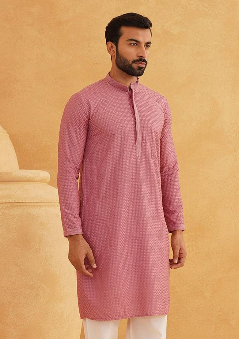 Coral Pink Thread Work Cotton Kurta For Men
