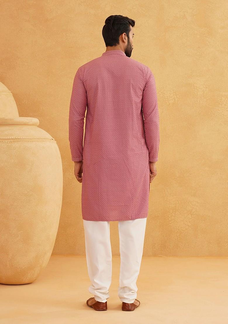 Coral Pink Thread Work Cotton Kurta For Men