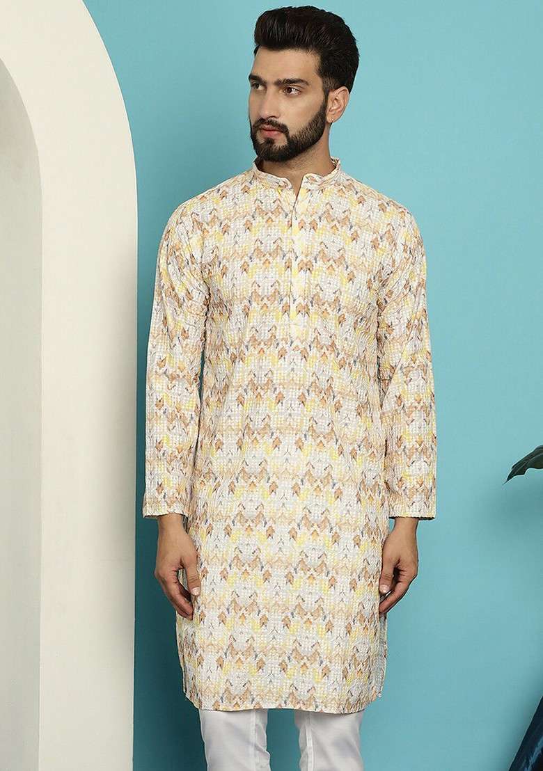 Yellow Embroidered Cotton Kurta For Men - Indya