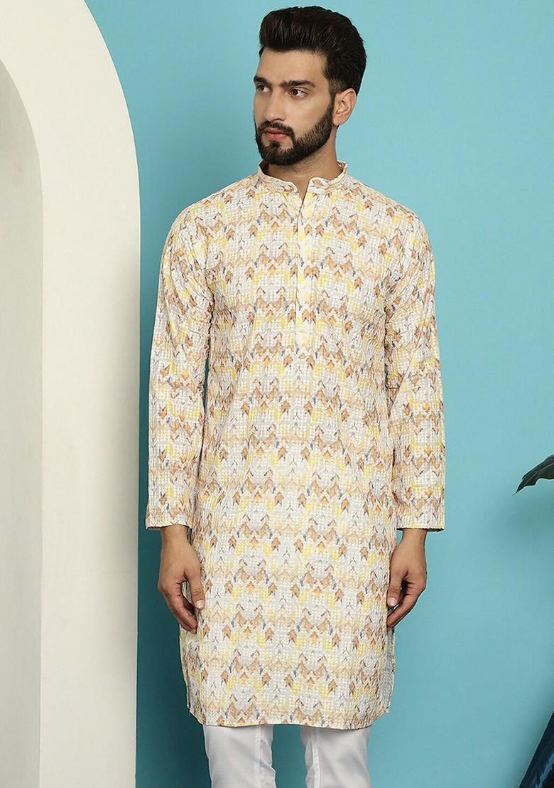 Yellow Embroidered Cotton Kurta For Men