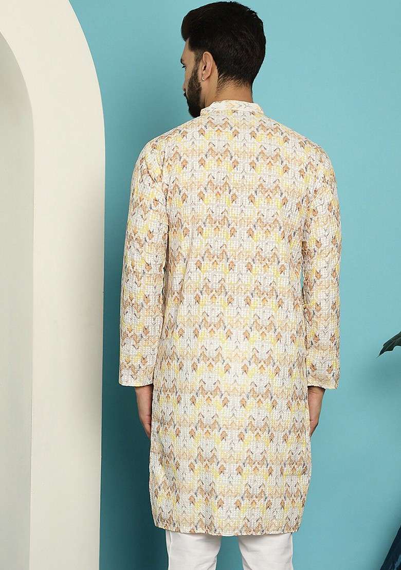 Yellow Embroidered Cotton Kurta For Men - Indya