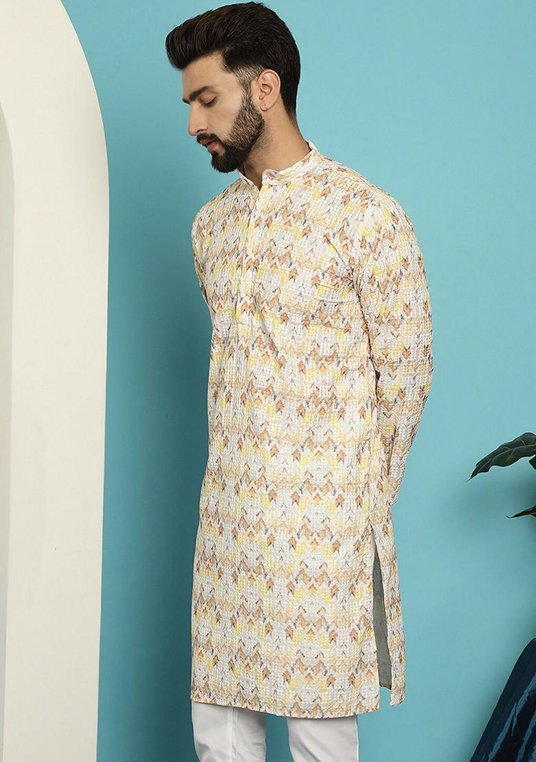 Yellow Embroidered Cotton Kurta For Men