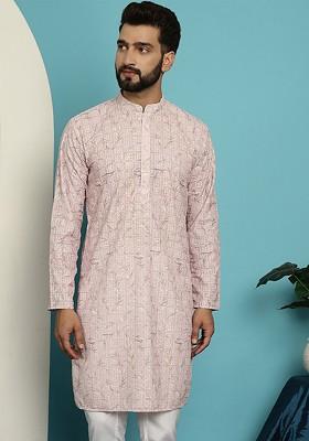 Pink Embroidered Cotton Kurta For Men