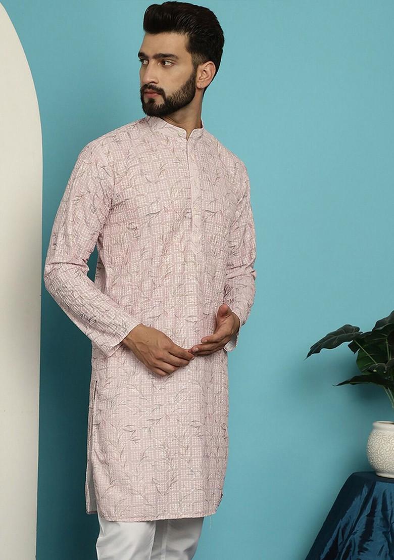Pink Embroidered Cotton Kurta For Men