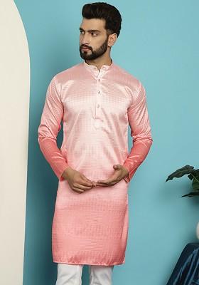 Pink Ethnic Motifs Jacquard Kurta For Men