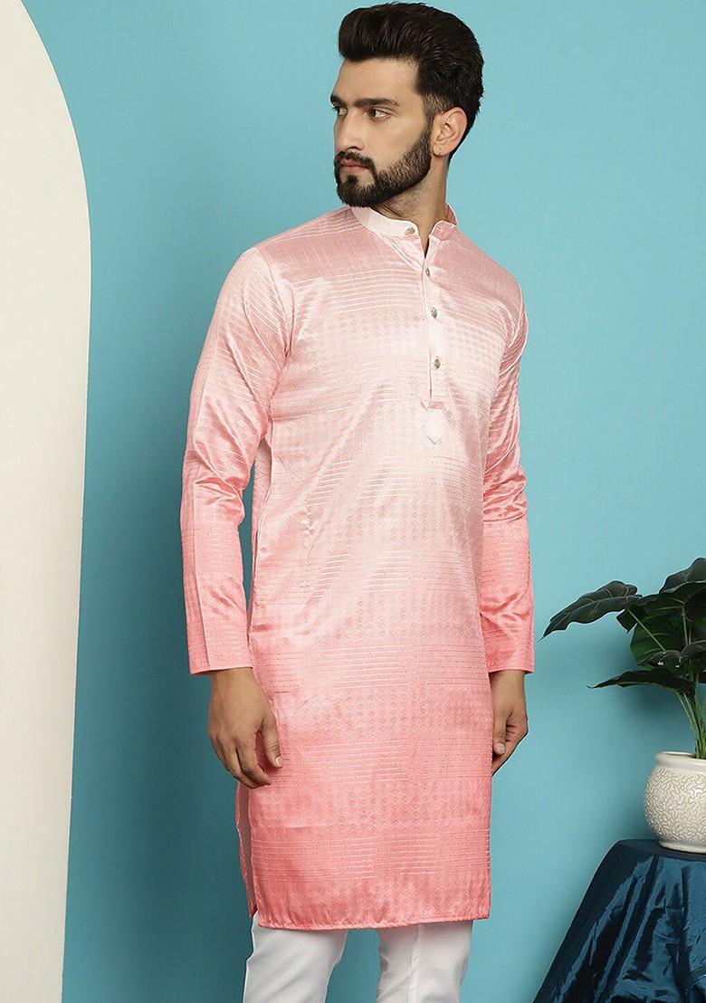 Pink Ethnic Motifs Jacquard Kurta For Men