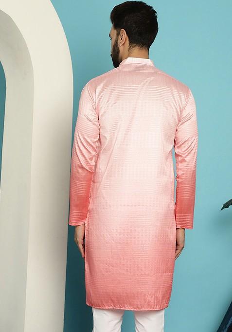 Pink Ethnic Motifs Jacquard Kurta For Men