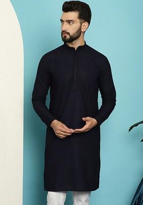 Navy Blue Thread Work Cotton Kurta For Men