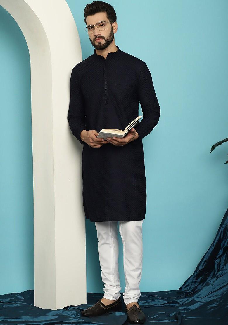 Navy Blue Thread Work Cotton Kurta For Men