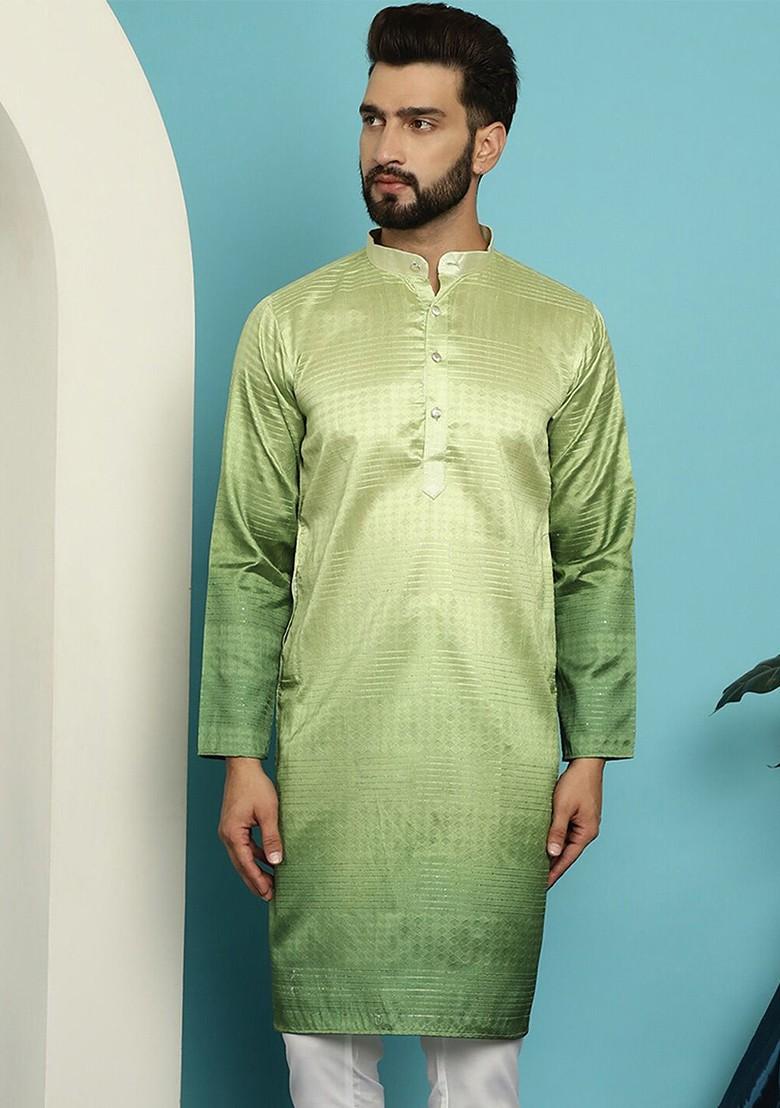 Green Ethnic Motifs Jacquard Kurta For Men