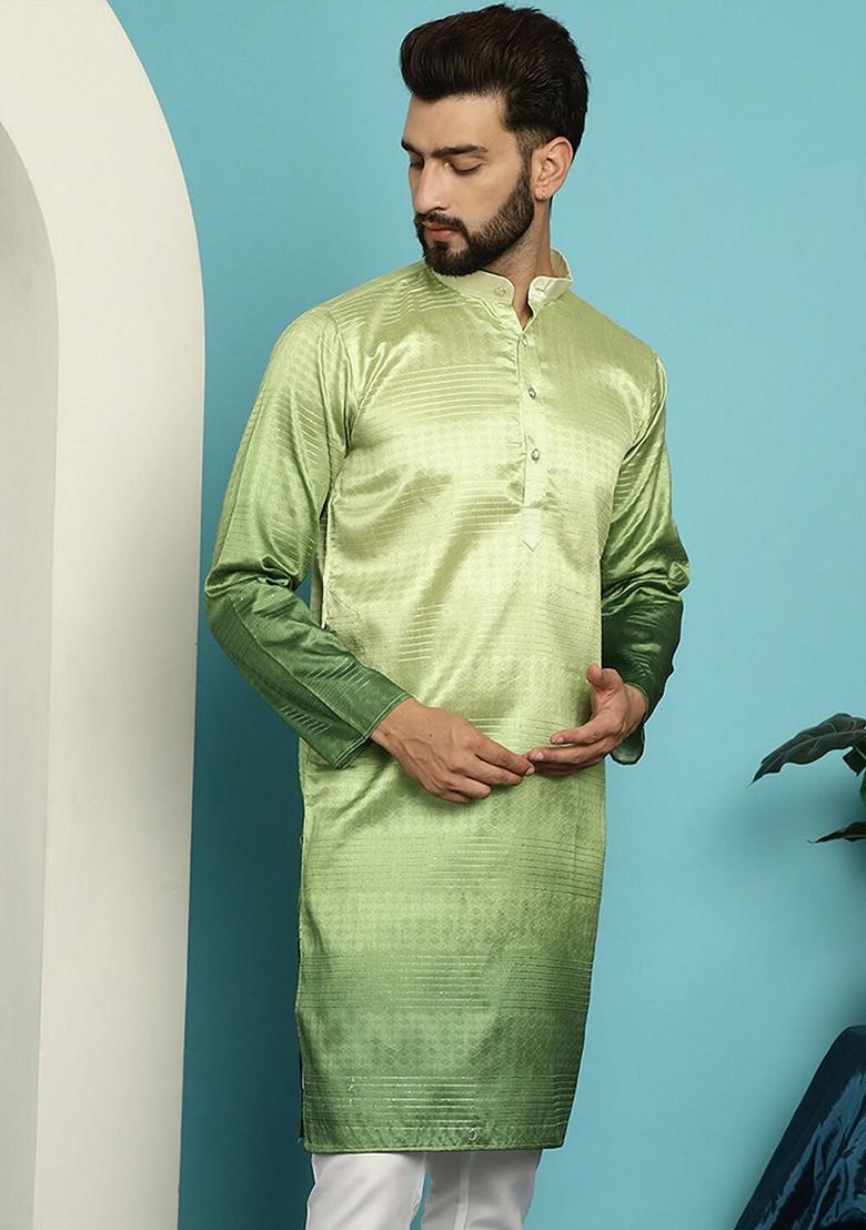 Green Ethnic Motifs Jacquard Kurta For Men