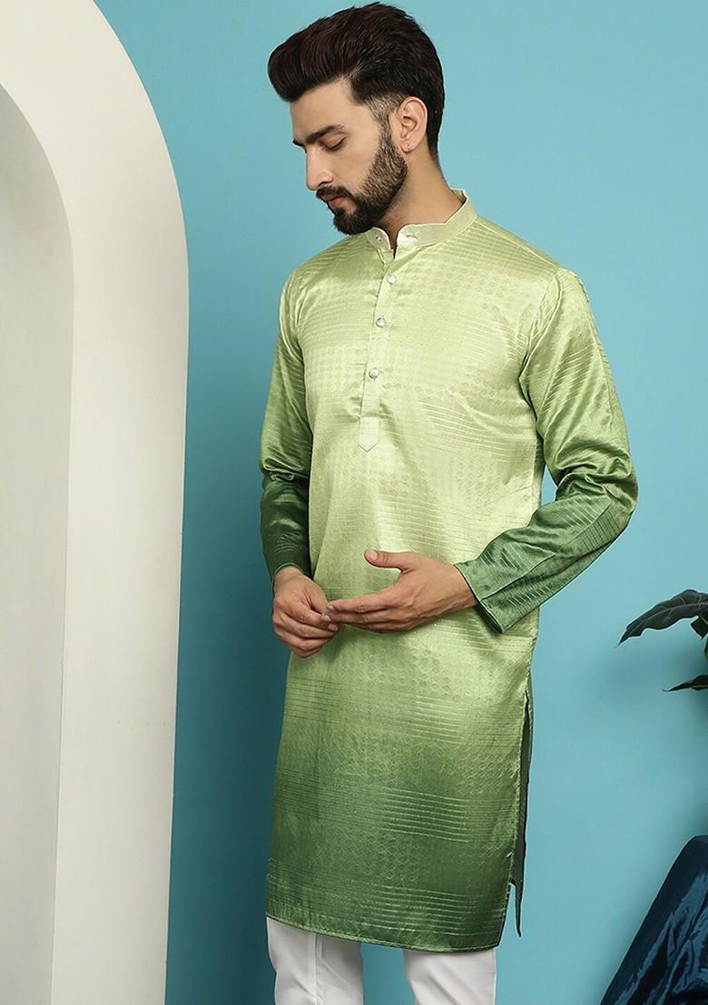 Green Ethnic Motifs Jacquard Kurta For Men