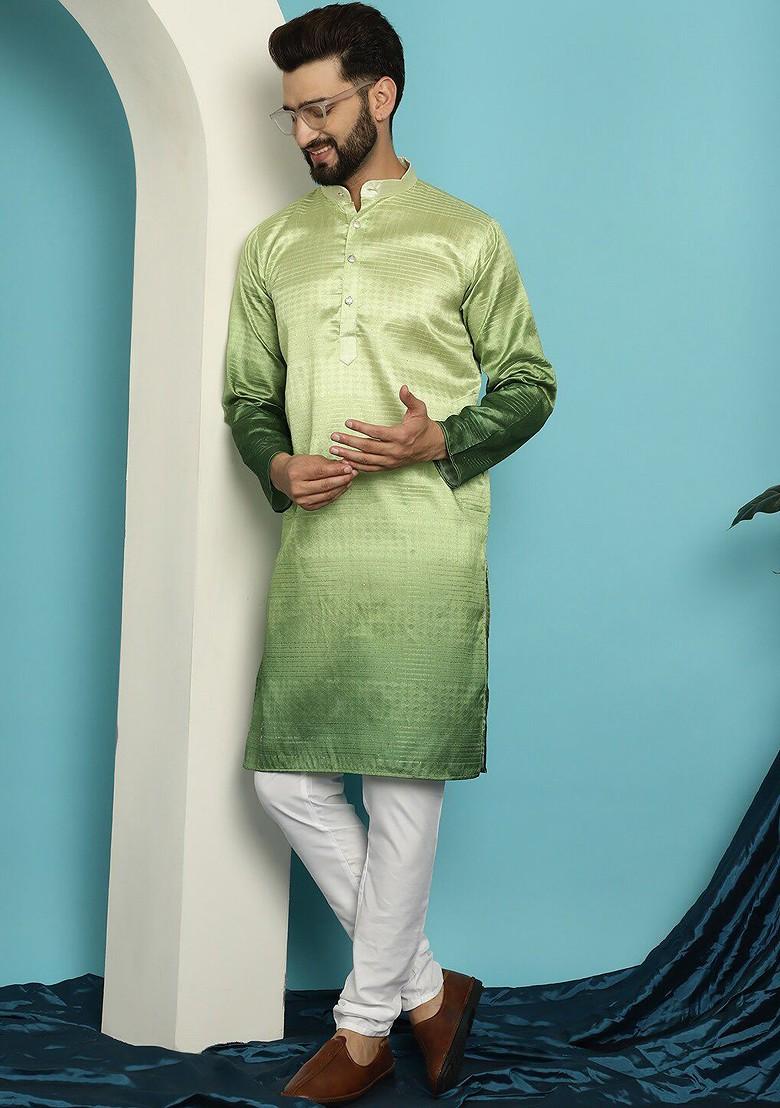 Green Ethnic Motifs Jacquard Kurta For Men