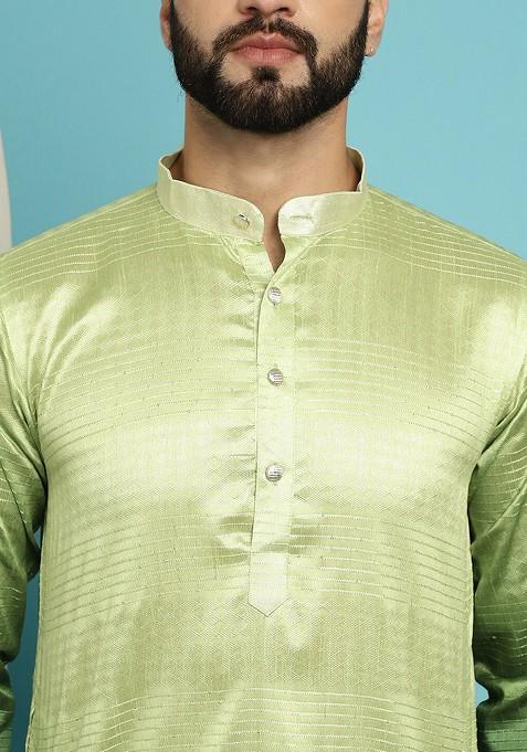 Green Ethnic Motifs Jacquard Kurta For Men