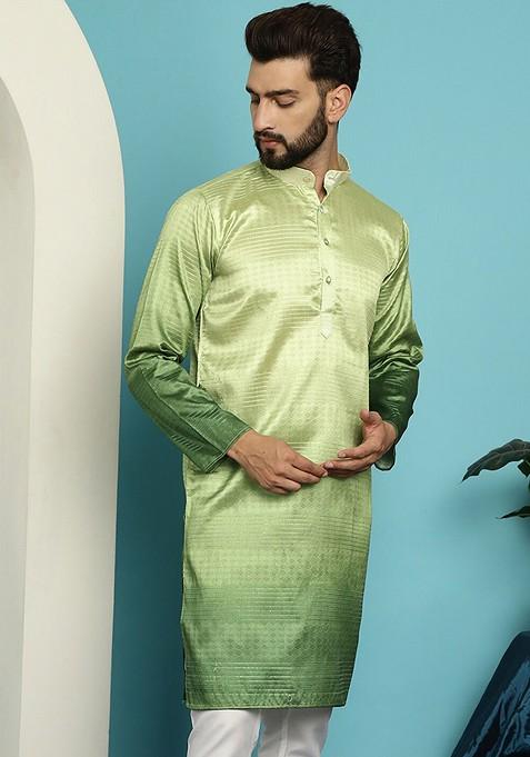 Green Ethnic Motifs Jacquard Kurta For Men