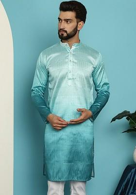Sea Green Ethnic Motifs Jacquard Kurta For Men