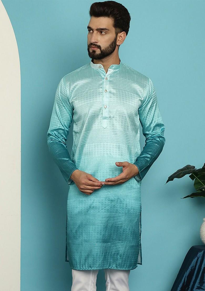 Sea Green Ethnic Motifs Jacquard Kurta For Men