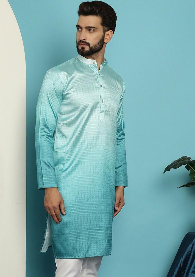 Sea Green Ethnic Motifs Jacquard Kurta For Men