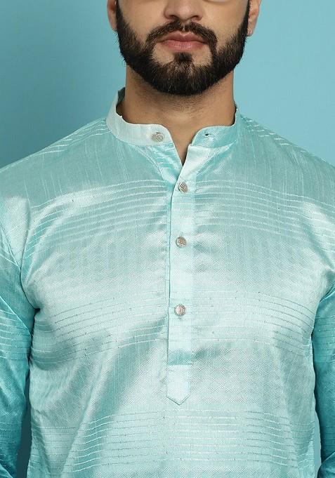Sea Green Ethnic Motifs Jacquard Kurta For Men