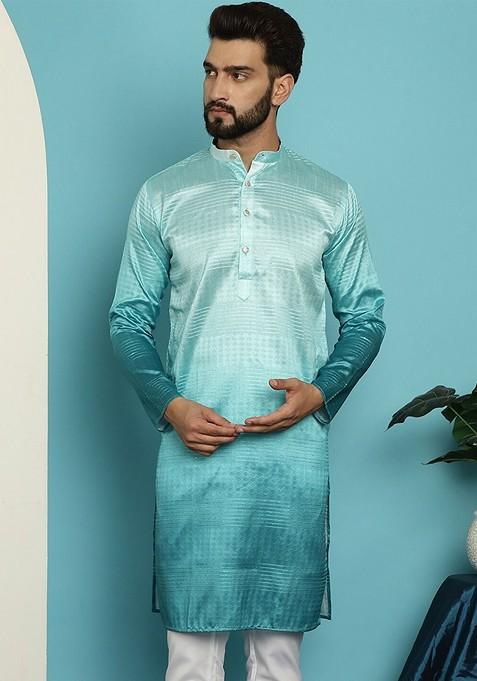 Sea Green Ethnic Motifs Jacquard Kurta For Men