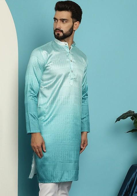 Sea Green Ethnic Motifs Jacquard Kurta For Men