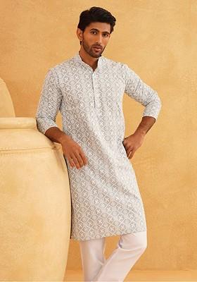 Grey Embroidered Cotton Kurta For Men