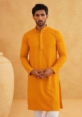 Mustard Embroidered Cotton Kurta For Men