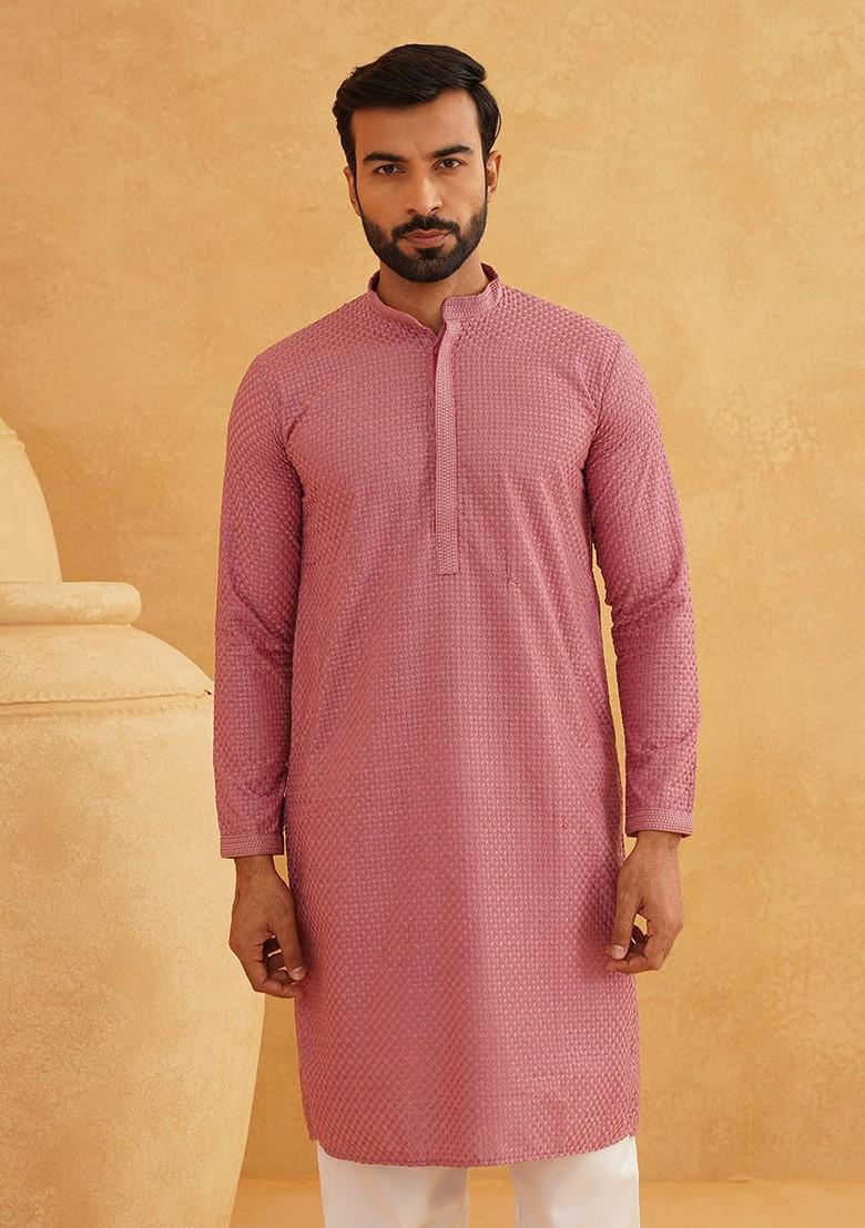 Coral Pink Embroidered Cotton Kurta For Men