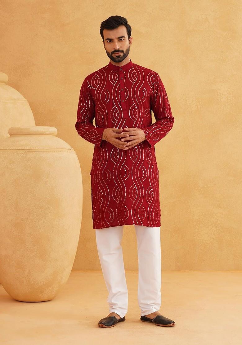Maroon Embroidered Poly Blend Kurta For Men