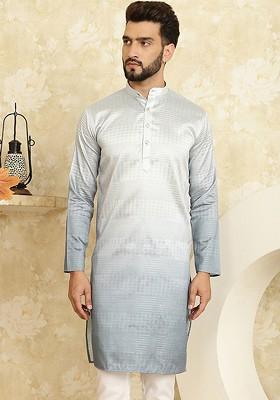 Grey Embellished Cotton Kurta For Men