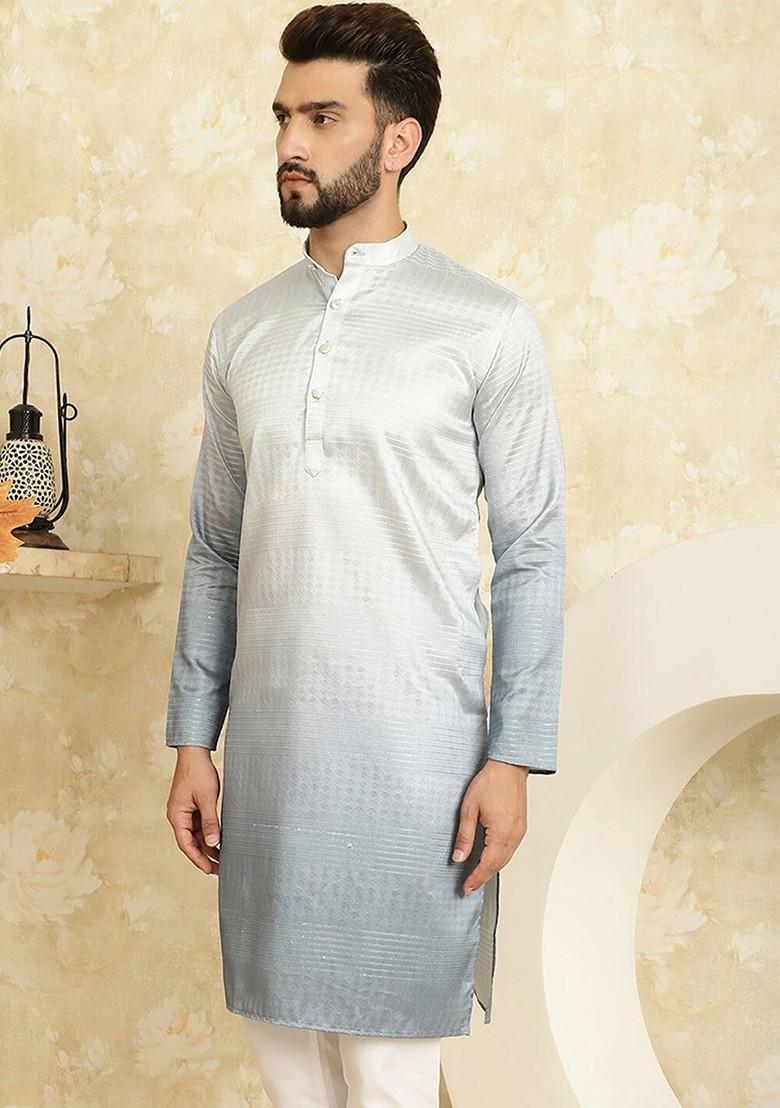 Grey Embellished Cotton Kurta For Men