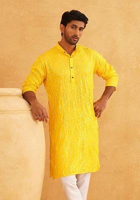 Mustard Embellished Cotton Kurta For Men