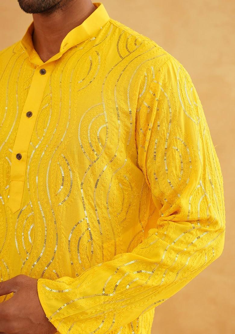 Mustard Embellished Cotton Kurta For Men