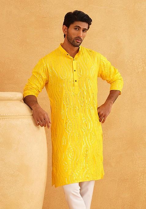 Mustard Embellished Cotton Kurta For Men — view on Indya