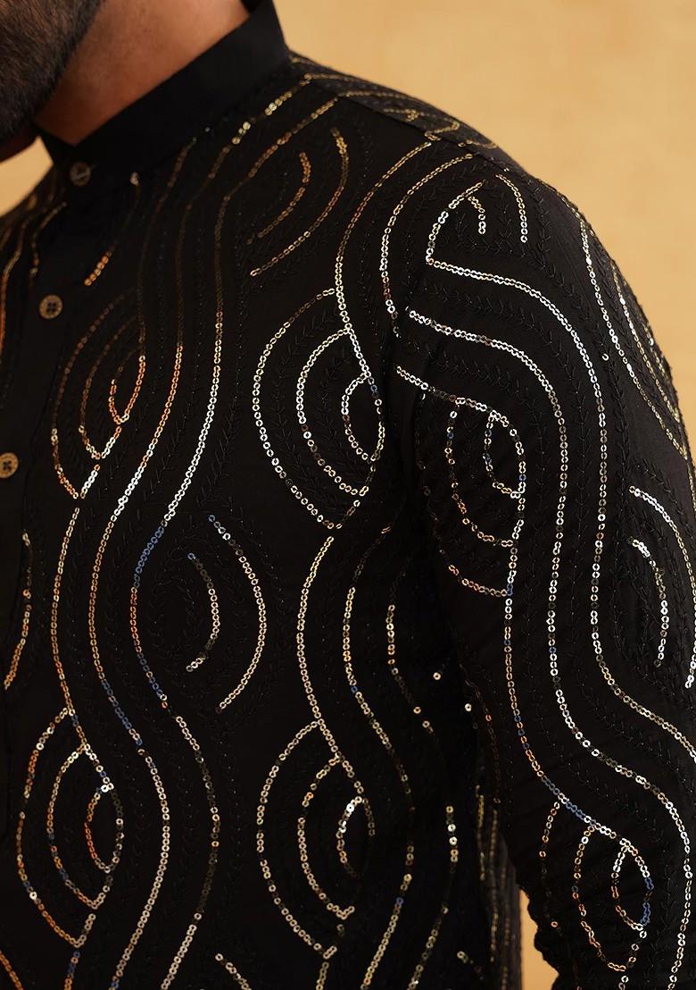 Black Embellished Cotton Kurta For Men