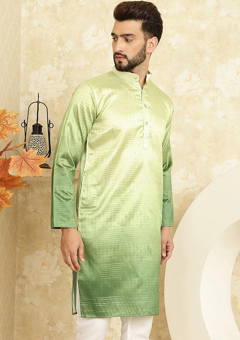 Green Printed Cotton Kurta For Men