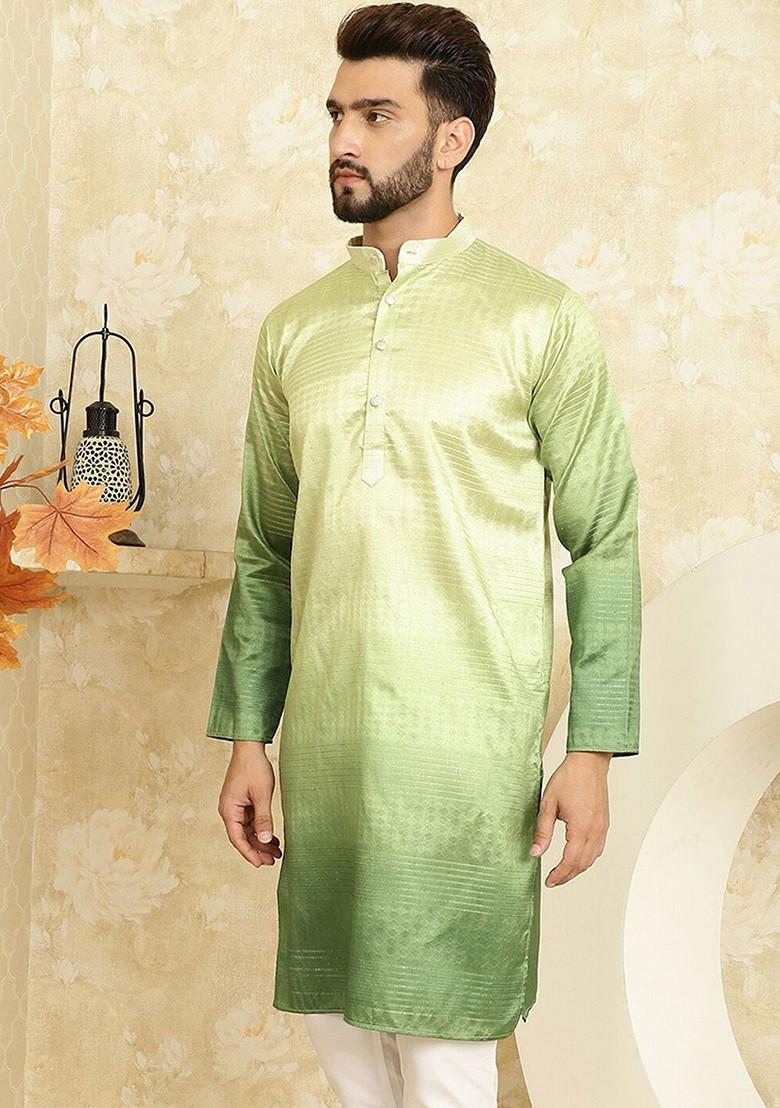 Green Printed Cotton Kurta For Men