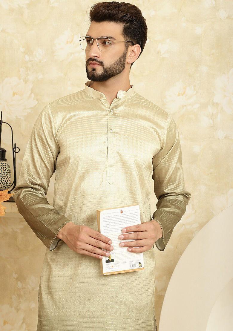Gold Sequin Embroidered Cotton Kurta For Men