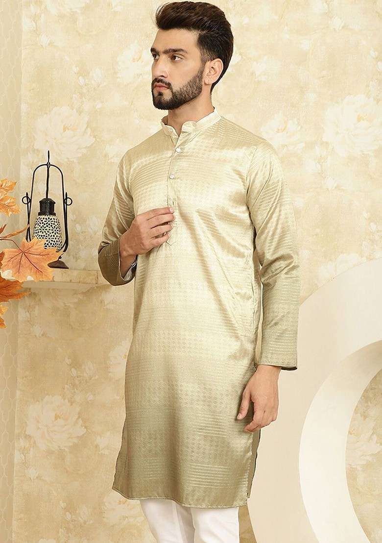 Gold Sequin Embroidered Cotton Kurta For Men - Indya