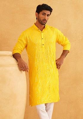 Mustard Sequin Embroidered Cotton Kurta For Men