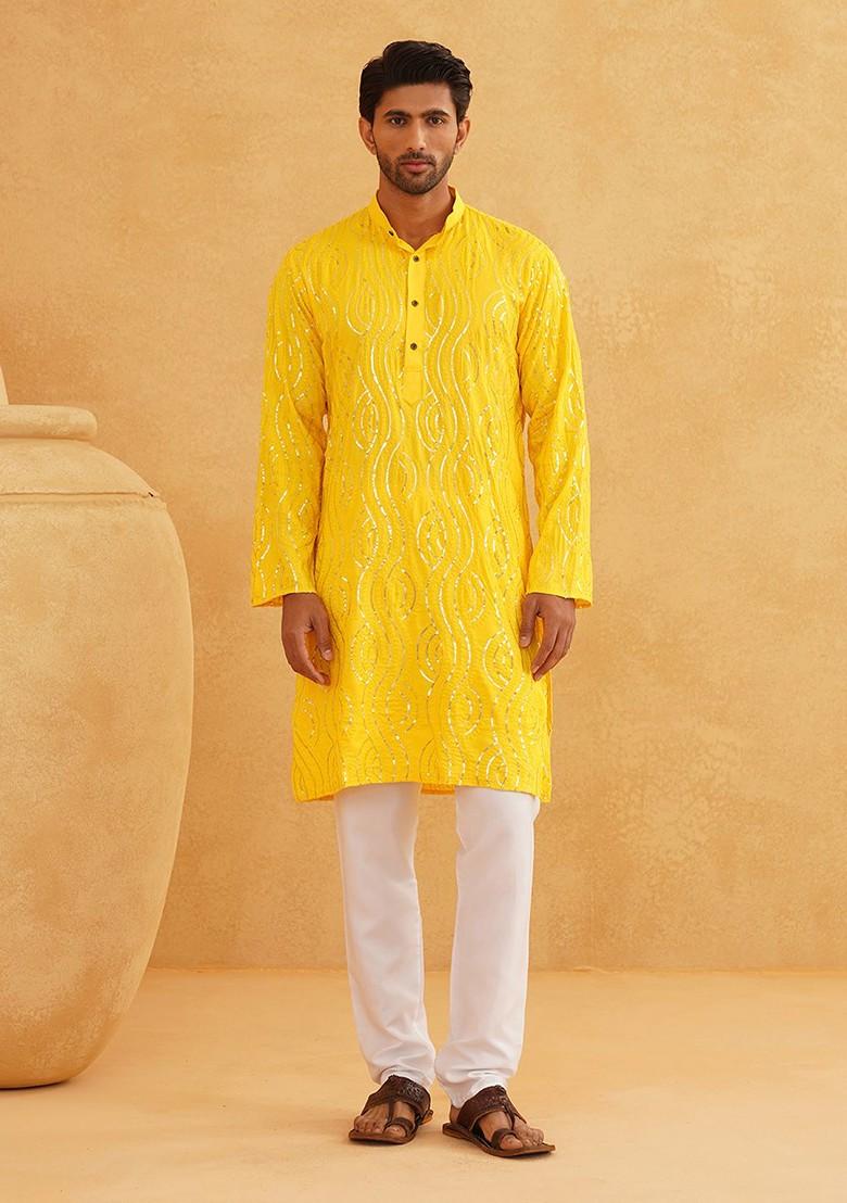 Mustard Sequin Embroidered Cotton Kurta For Men