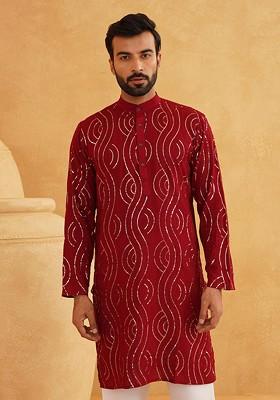 Maroon Embellished Cotton Kurta For Men