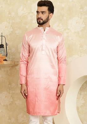 Pink Ethnic Motifs Jacquard Kurta For Men