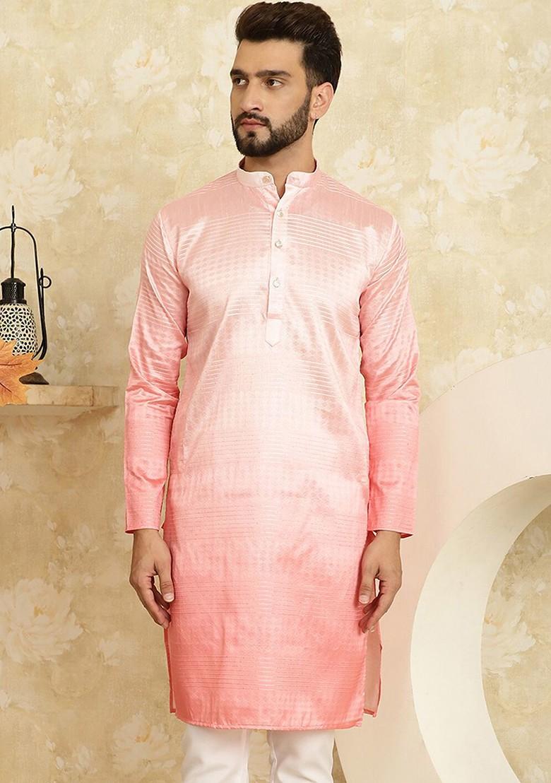 Pink Ethnic Motifs Jacquard Kurta For Men