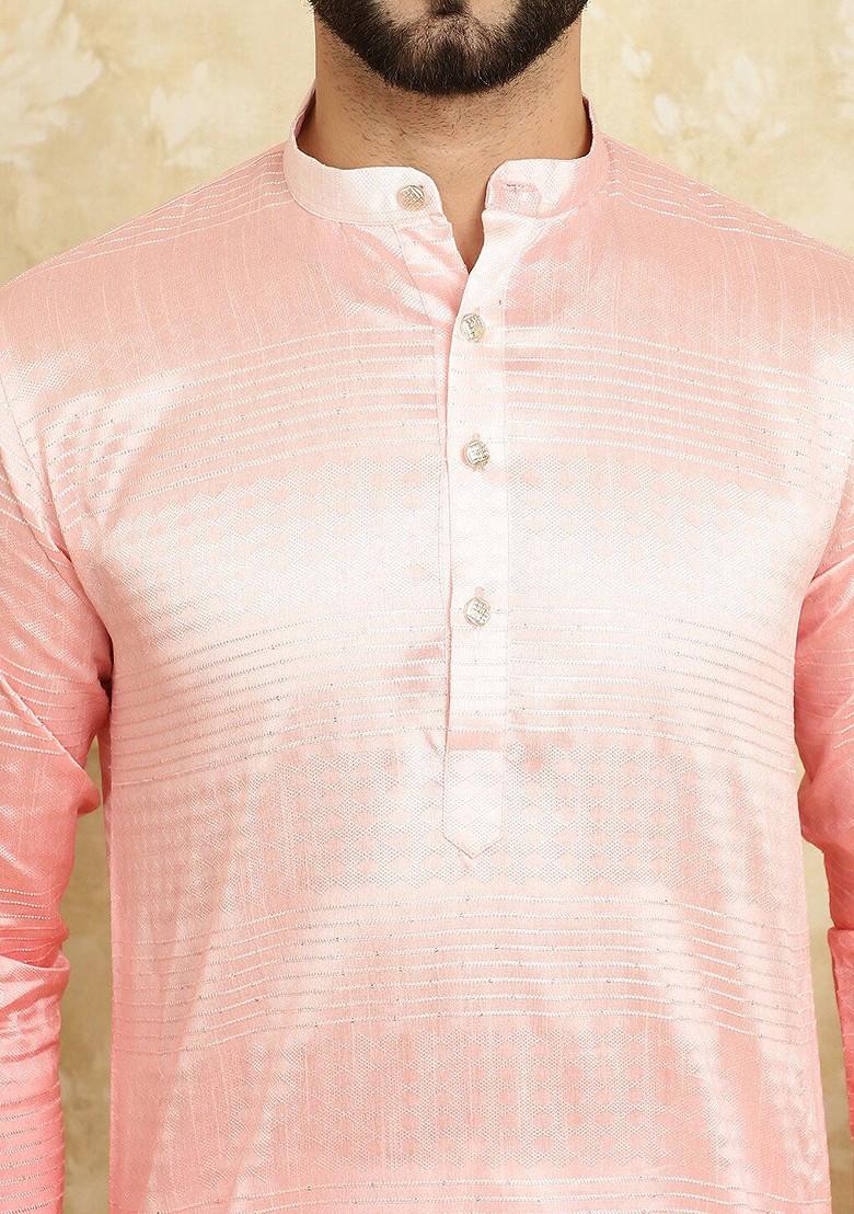 Pink Ethnic Motifs Jacquard Kurta For Men