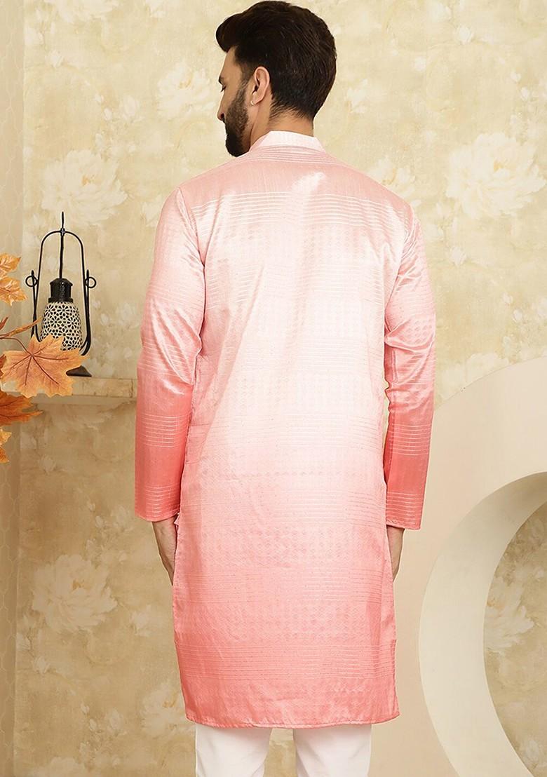 Pink Ethnic Motifs Jacquard Kurta For Men
