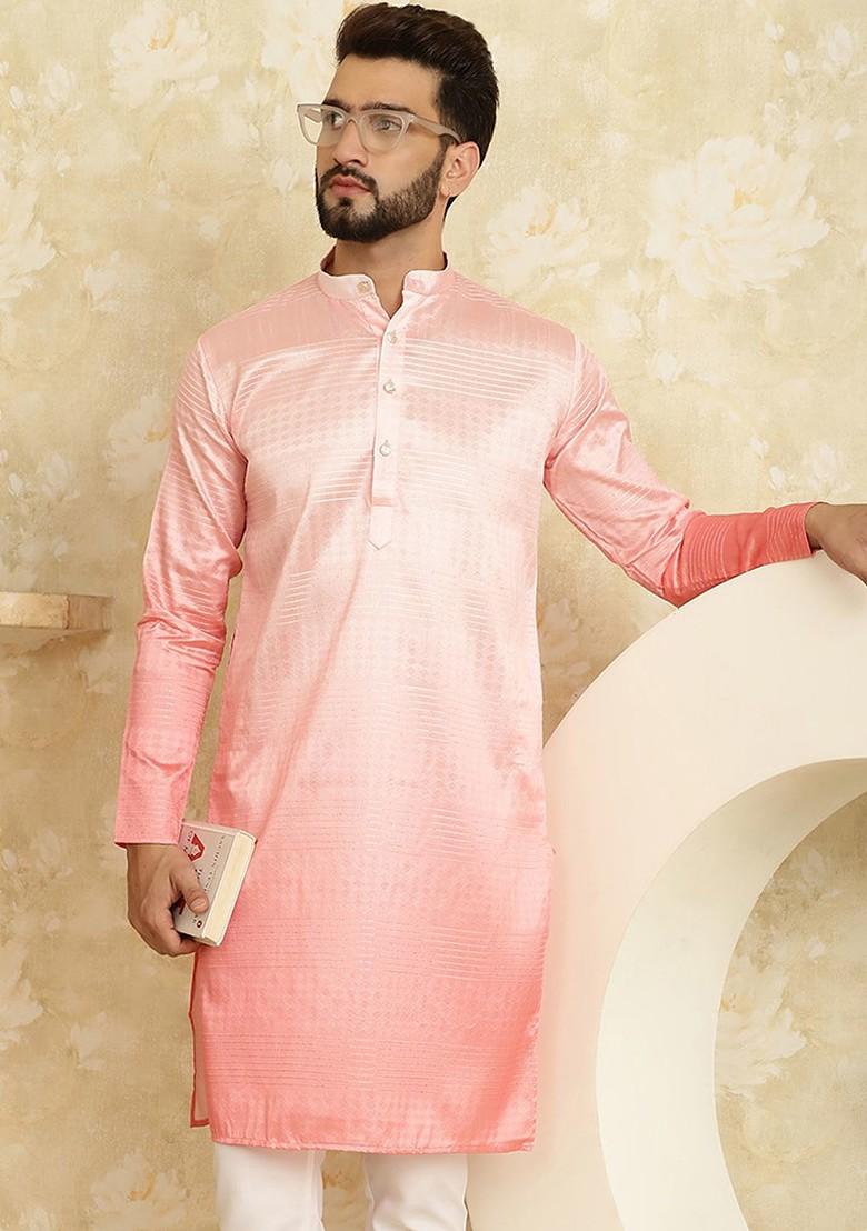 Pink Ethnic Motifs Jacquard Kurta For Men